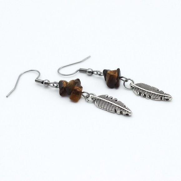 Handmade Jewelry - Tigereye Feather Chakra Healing Gemstone Dangle Drop Earrings Handmade
